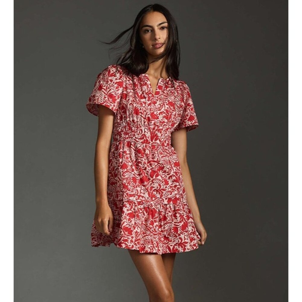 NWT by Anthropologie The Somerset Mini in Red White Floral Vine Cotton Dress XL